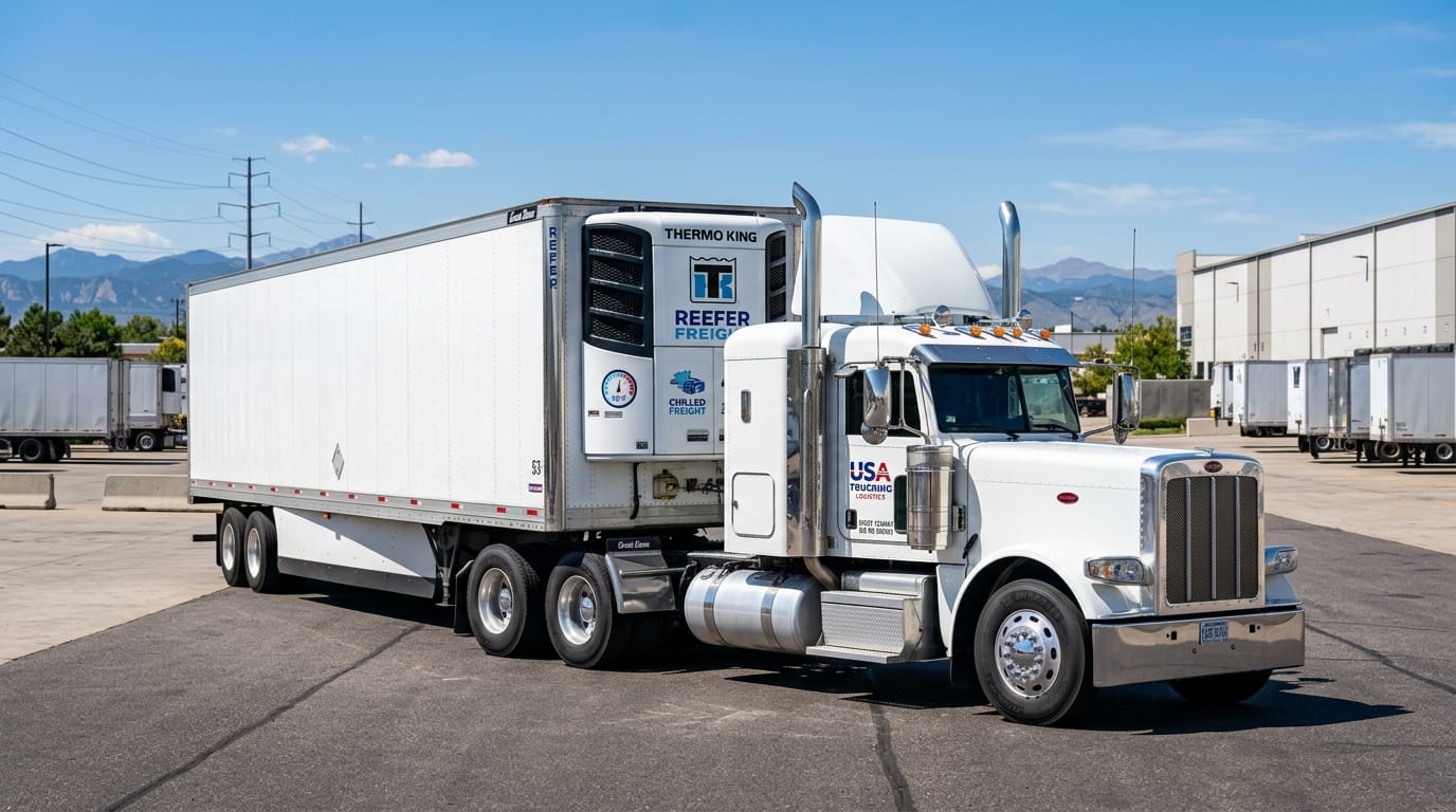 White Peterbilt commercial reefer refrigerated semi-truck parked in logistics bay